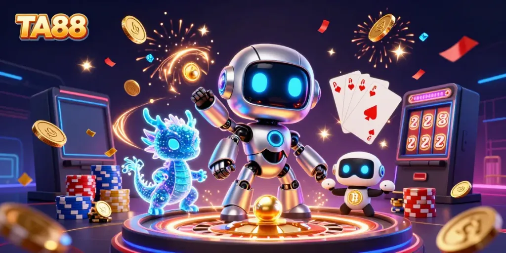 Place your bets with TA88 in this vibrant 3D casino illustration showcasing excitement and winning moments.