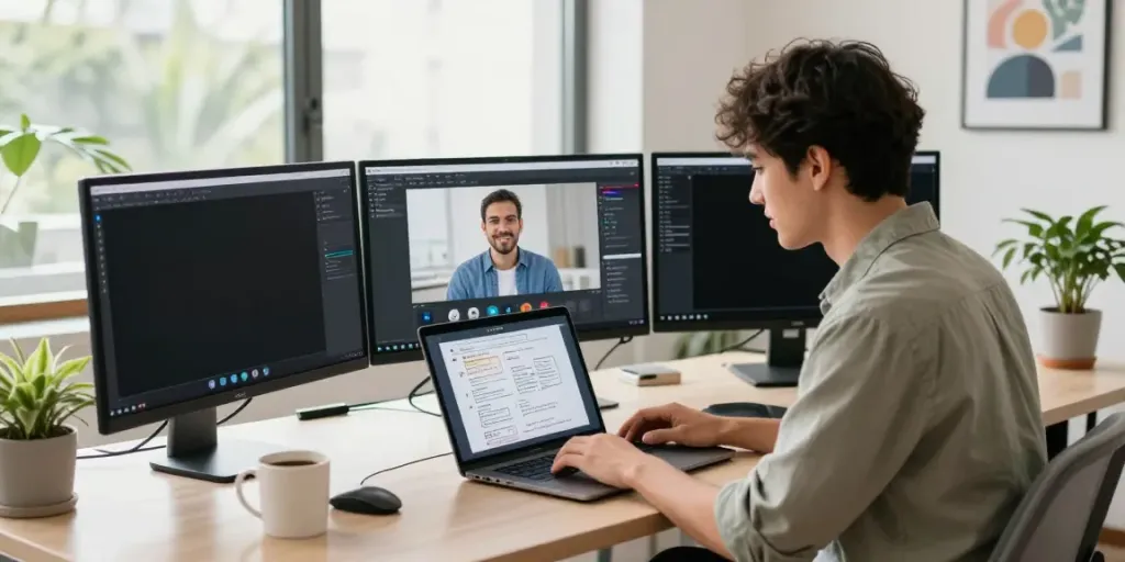 Freelancer collaborating on digital projects with Zinn hub Freelancers in a modern workspace.