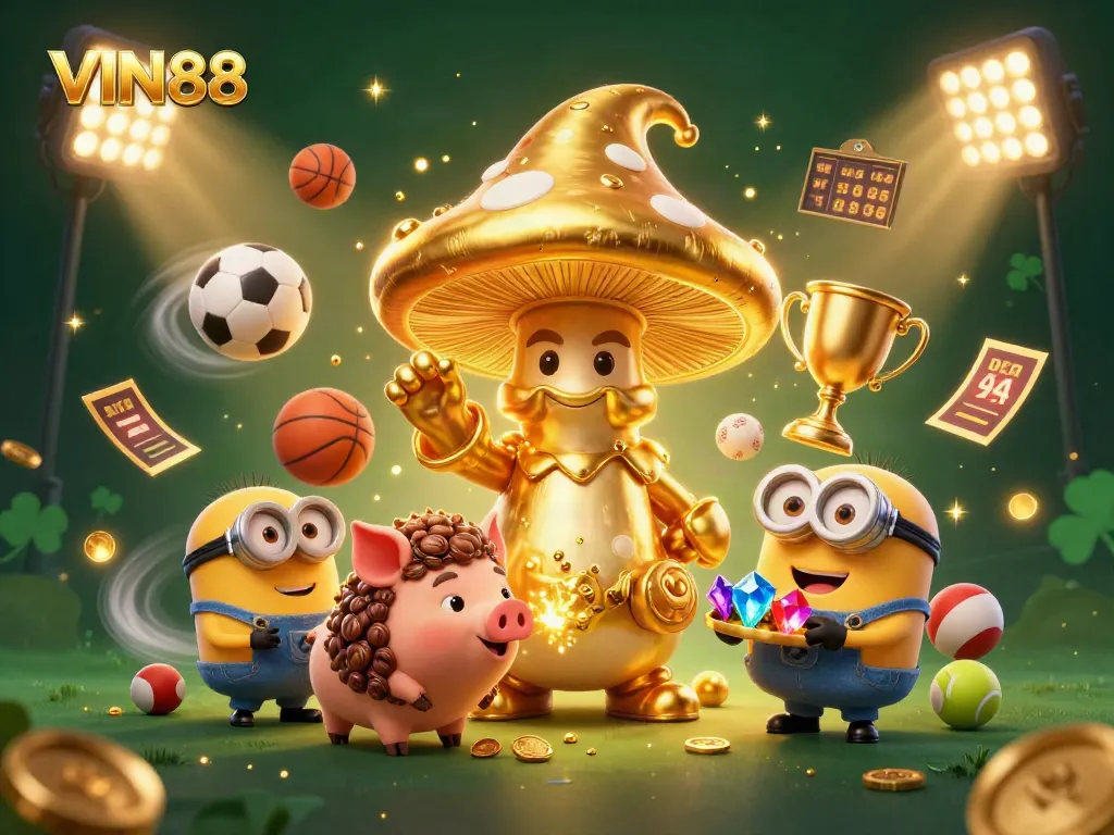 Experience the excitement of VIN88 with a golden mushroom wizard and dynamic sports elements in this vibrant illustration.