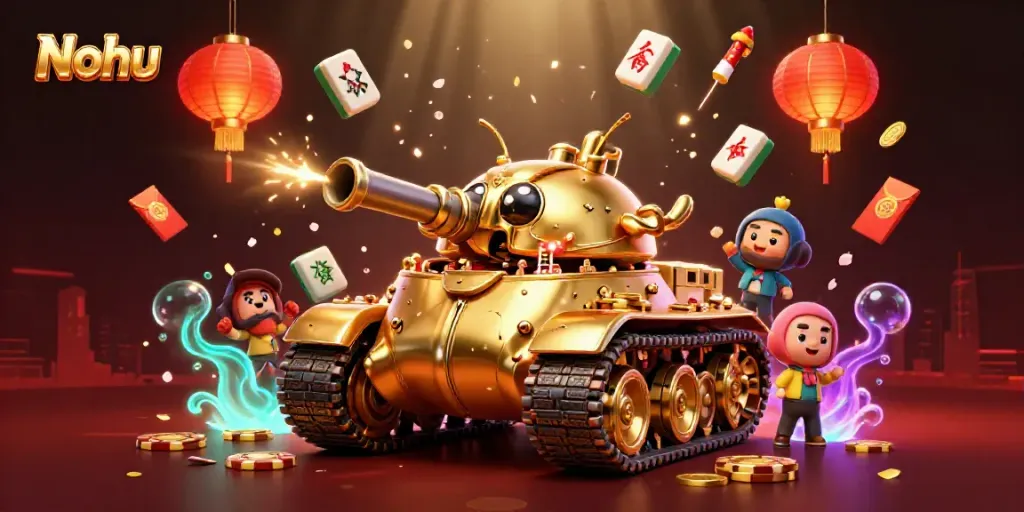 Nohu reveals a miniature casino inside a dynamic golden beetle tank with floating mahjong tiles and confetti.