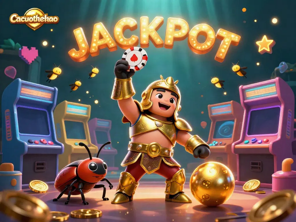 Cacuocthethao celebrates victory with 3D beetles and glowing casino elements in a vibrant scene