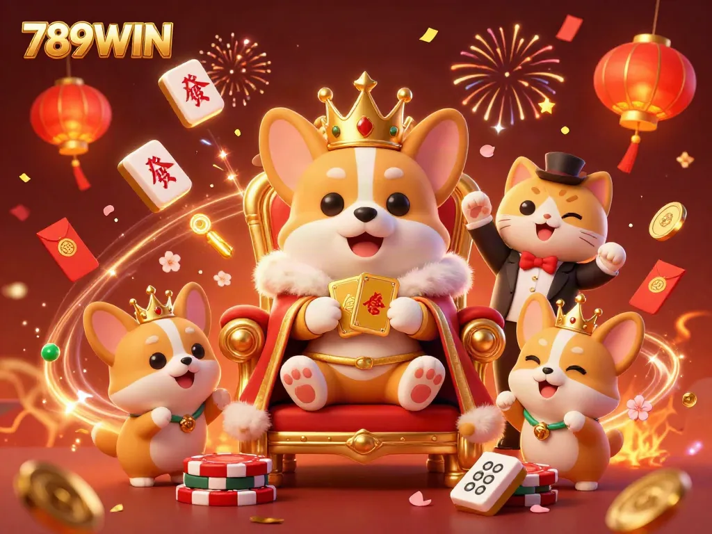 Join the excitement of 789WIN with vibrant casino-themed illustrations showcasing a royal corgi and a cat butler.