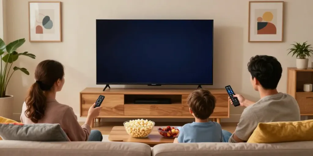 Family enjoying IPTV Providers in a cozy living room, showcasing a vibrant TV experience.