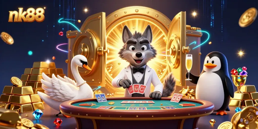 Experience thrilling baccarat at nk88 with a debonair wolf, elegant swan dealer, and penguin sommelier amidst gold and jewels.