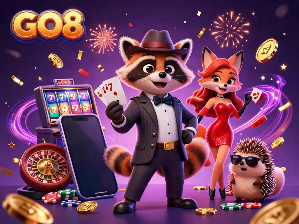 Experience big wins at GO8 with this vibrant 3D illustration showcasing casino excitement.