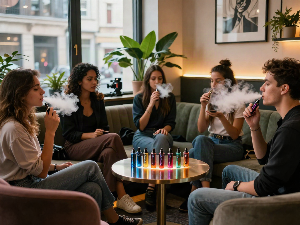 Group enjoying a stylish evening with their raz vape products in a chic lounge setting.