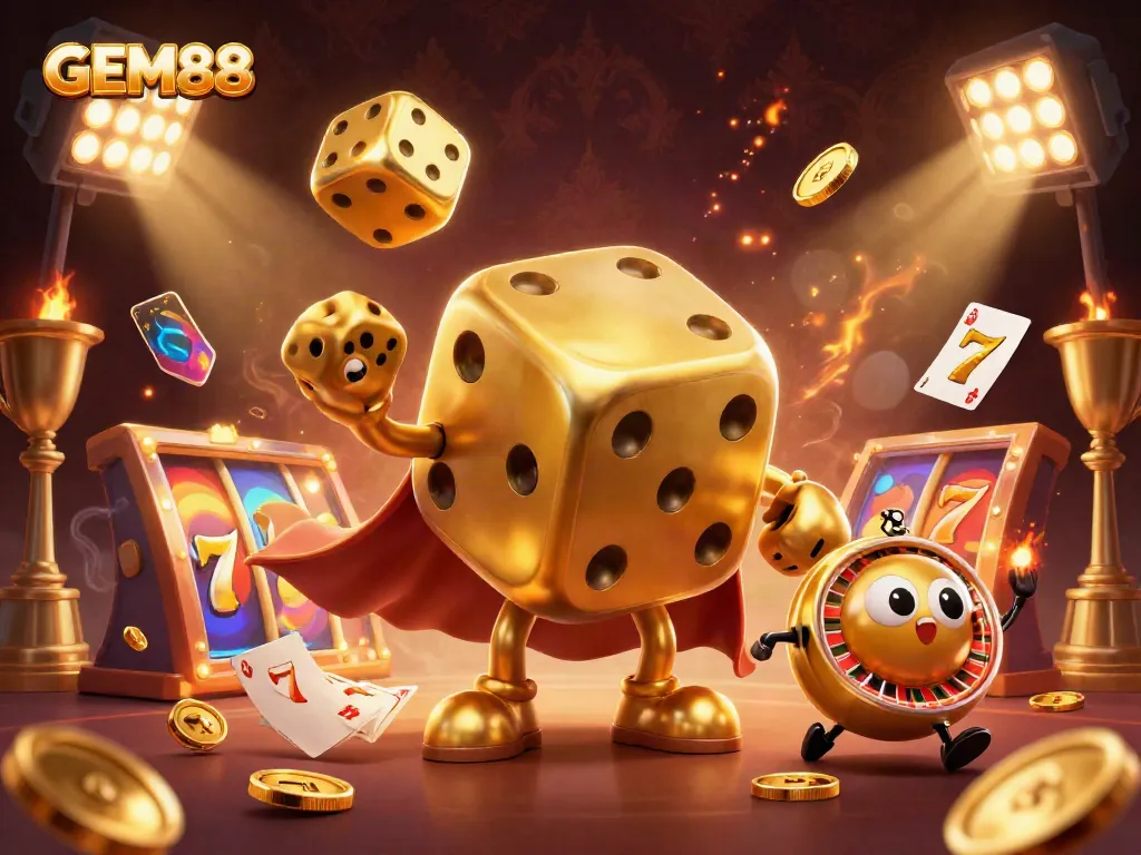 Experience stunning gaming visuals with GEM88's golden dice golem, slot reels, and dynamic trophies.