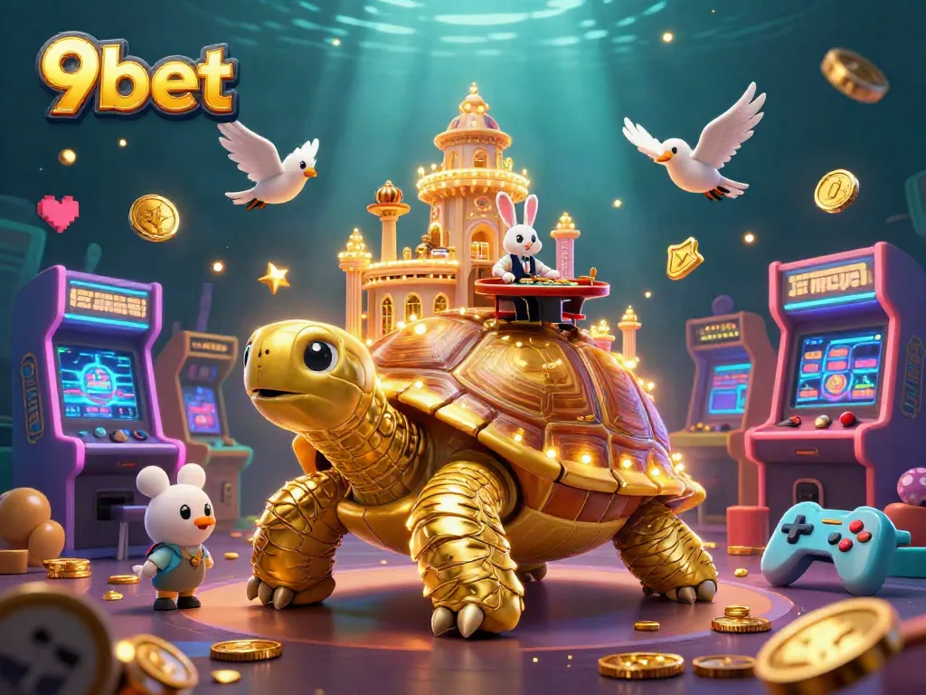 Experience 9bet's vibrant 3D casino world with a golden tortoise and rabbit dealer in action.