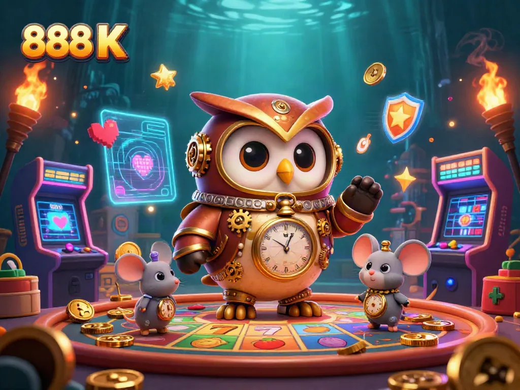 Experience the thrill of 888 K with a vibrant scene featuring a time-traveling owl amidst slot reels and casino elements.