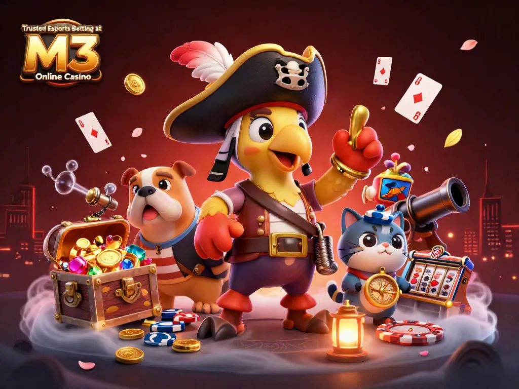 Experience Trusted Esports Betting at M3 Online Casino with vibrant casino elements and characters.