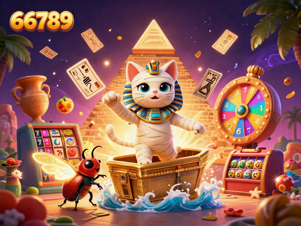 Spin and win at 66789 with vibrant slot reels, golden sarcophagus, and dynamic gaming elements.