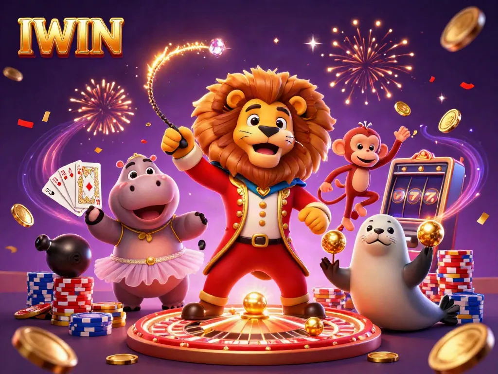 IWIN offers exciting casino experiences with a colorful dynamic scene featuring engaging characters.
