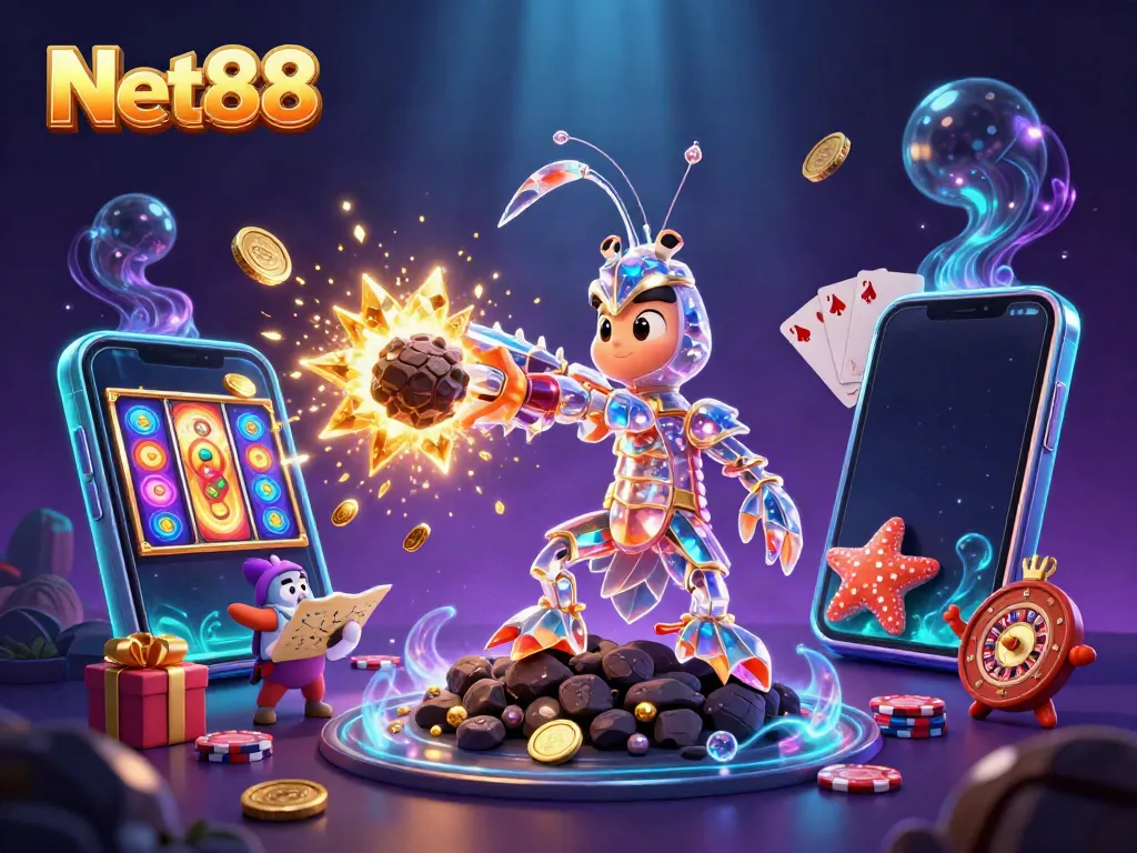 Experience the thrilling world of Net88 with a vibrant galactic scene of a mantis shrimp and starfish amidst gaming elements.